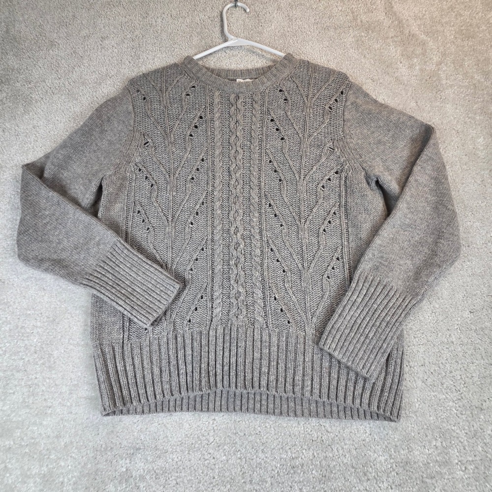 J.Crew Gray Lambswool Blend Cable Knit Pointelle Sweater Women's L NEW